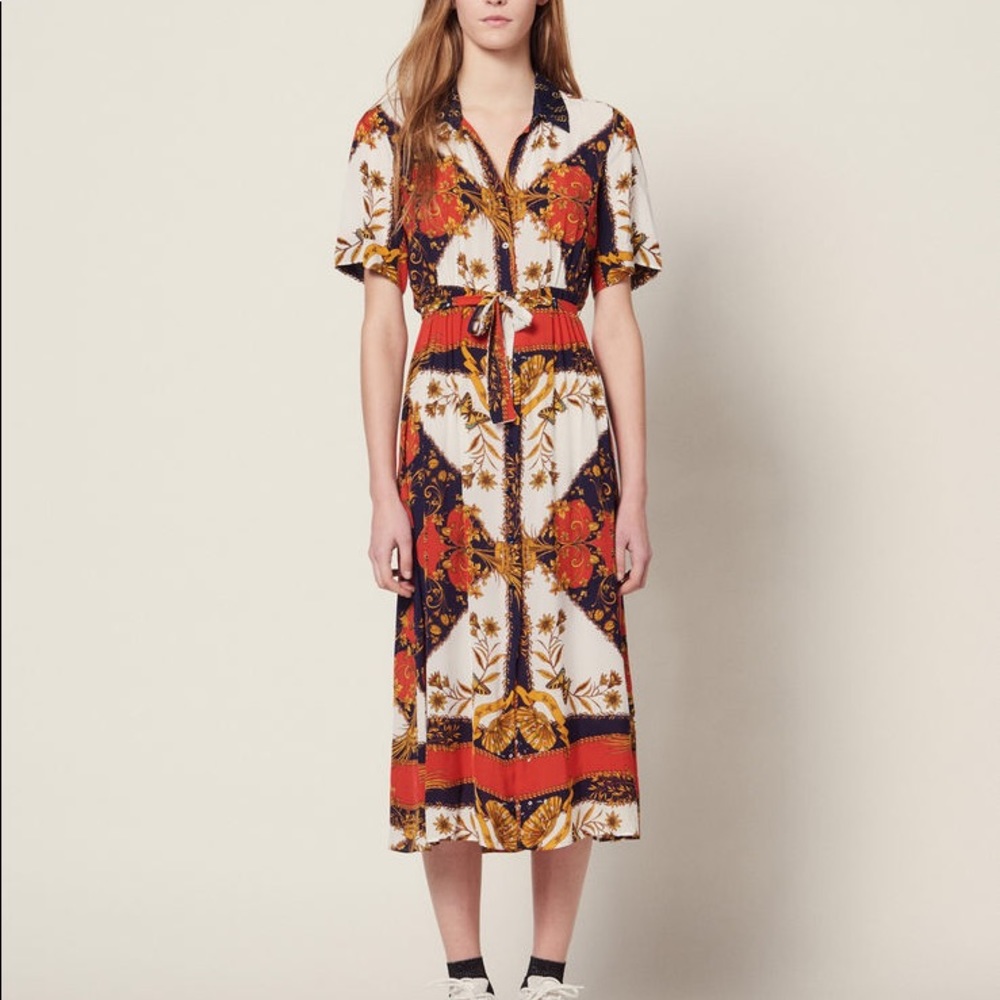 Sandro Apoline scarf print shirt dress